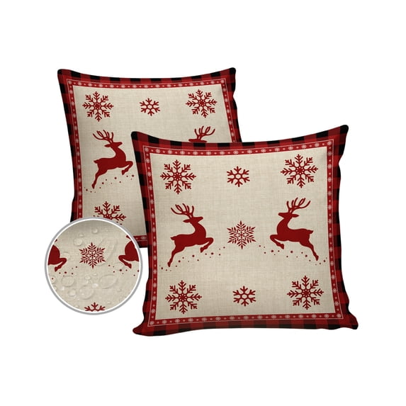 Pack of 2 Outdoor Pillow Covers, Christmas Elk Snowflake Red Black Buffalo Plaid Waterproof Square Throw Pillowcase Cushion Decorative Pillow Covers for Couch Patio Tent, 18x18 in