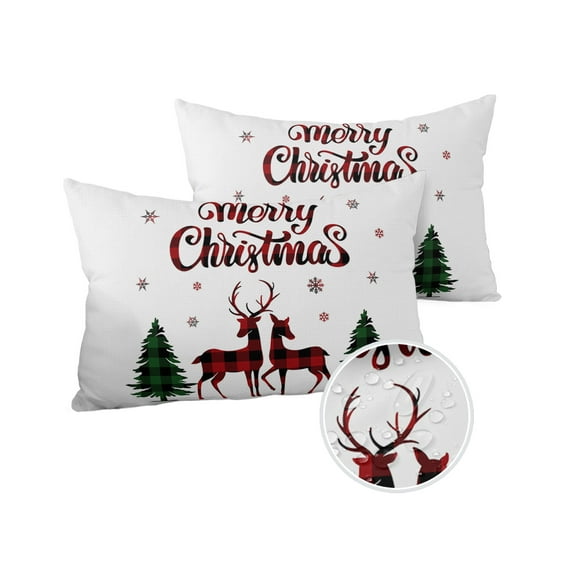 Pack of 2 Outdoor Pillow Covers, Christmas Red Plaid Elk Tree Christmas Reindeer Waterproof Square Throw Pillowcase Cushion Decorative Pillow Covers for Couch Patio Tent, 20x12 in