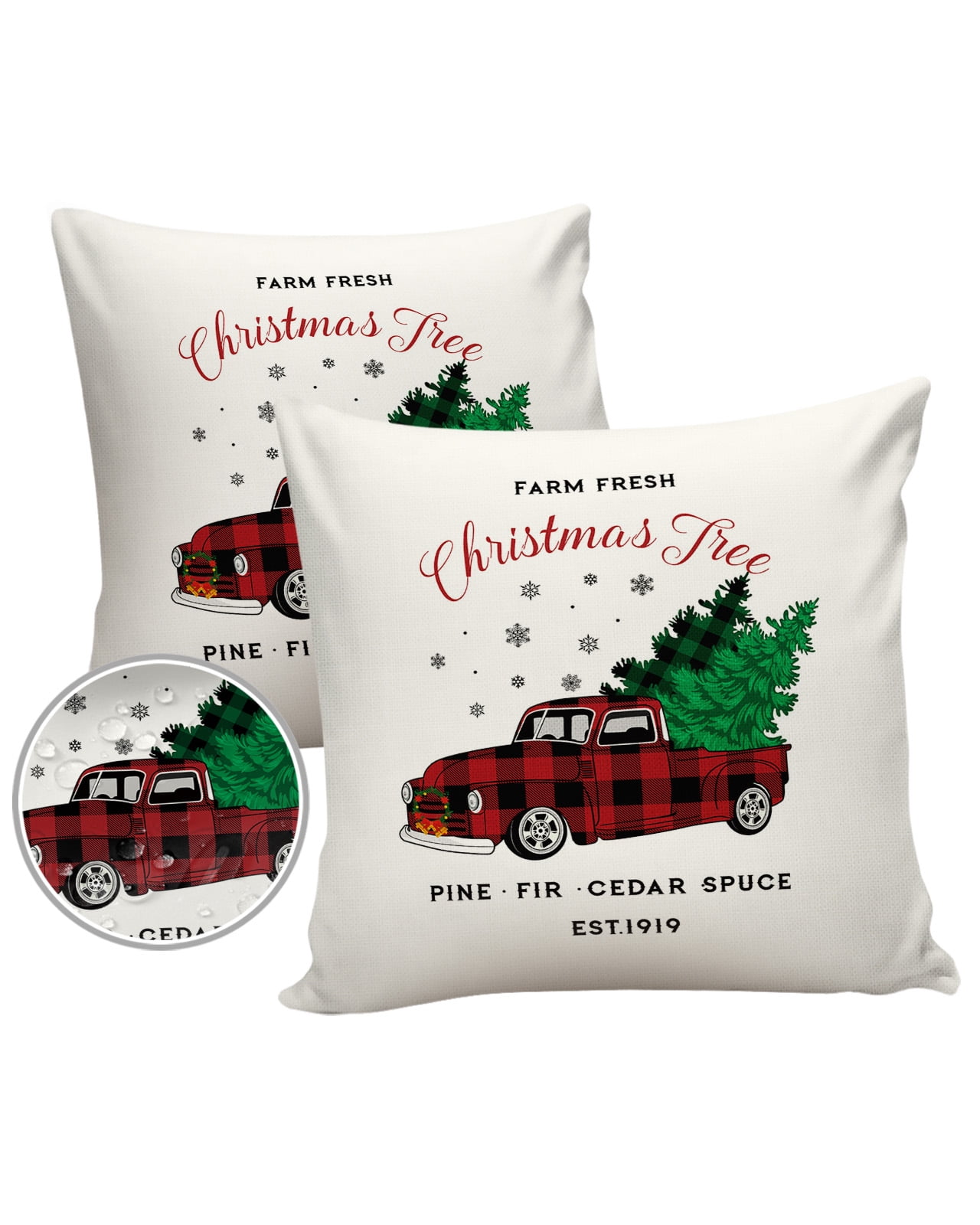 Pack of 2 Outdoor Pillow Covers, Christmas Red Plaid Truck Carry Xmas Tree White Background Waterproof Square Throw Pillowcase Cushion Decorative Pillow Covers for Couch Patio Tent, 24x24 in