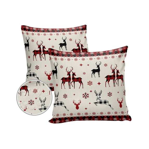 Pack of 2 Outdoor Pillow Covers, Christmas Reindeer and Snowflakes Burlap Texture Waterproof Square Throw Pillowcase Cushion Decorative Pillow Covers for Couch Patio Tent, 20x20 in