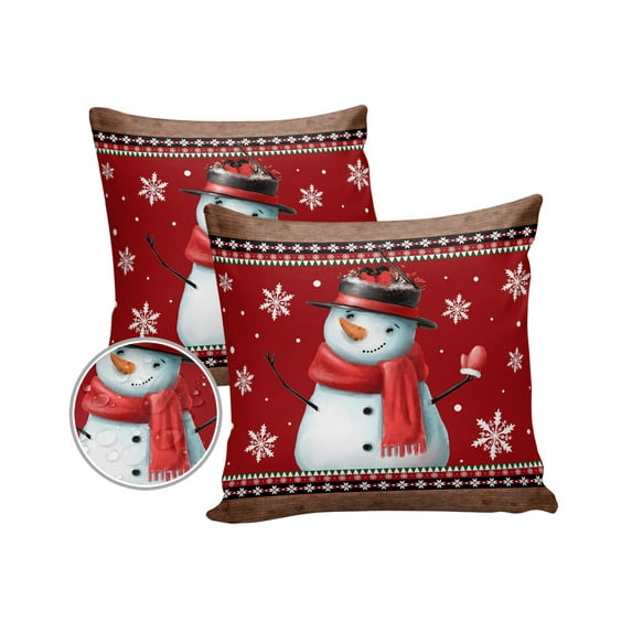 Pack of 2 Outdoor Pillow Covers, Christmas Snowflake Snowman Wood Grain Red Texture Waterproof Square Throw Pillowcase Cushion Decorative Pillow Covers for Couch Patio Tent, 18x18 in