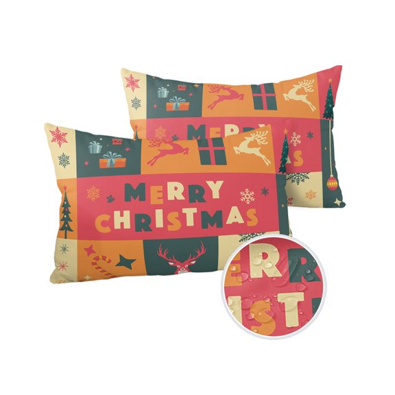 Pack of 2 Outdoor Pillow Covers, Christmas Snowflakes Xmas Trees Elk Graffiti Waterproof Square Throw Pillowcase Cushion Decorative Pillow Covers for Couch Patio Tent, 20x12 in