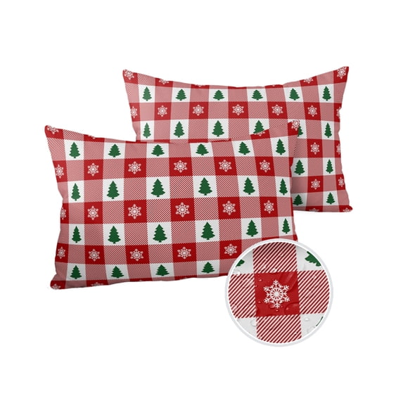 Pack of 2 Outdoor Pillow Covers, Christmas Tree Snowflake Red White Plaid Waterproof Square Throw Pillowcase Cushion Decorative Pillow Covers for Couch Patio Tent, 20x12 in