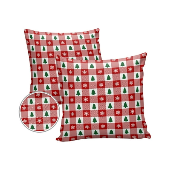 Pack of 2 Outdoor Pillow Covers, Christmas Tree Snowflake Red White Plaid Waterproof Square Throw Pillowcase Cushion Decorative Pillow Covers for Couch Patio Tent, 26x26 in