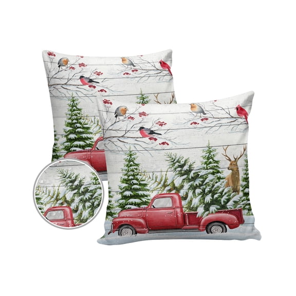 Pack of 2 Outdoor Pillow Covers, Christmas Truck Xmas Tree Bird Elk Winter Snow Waterproof Square Throw Pillowcase Cushion Decorative Pillow Covers for Couch Patio Tent, 18x18 in