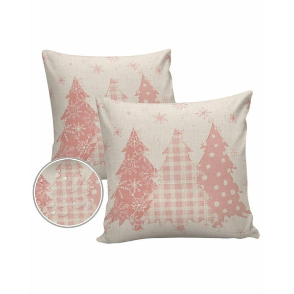 Pack of 2 Outdoor Pillow Covers, Christmas Vintage Pink Christmas Tree Snowflake Waterproof Square Throw Pillowcase Cushion Decorative Pillow Covers for Couch Patio Tent, 20x20 in
