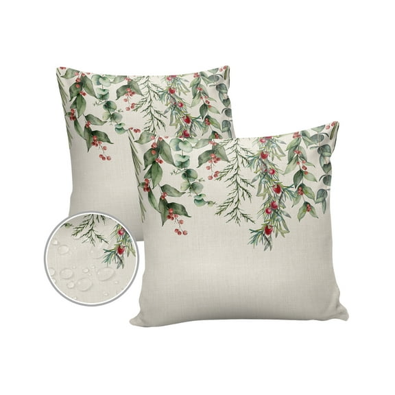 Pack of 2 Outdoor Pillow Covers, Christmas Winter Eucalyptus Berries in Vintage Burlap Waterproof Square Throw Pillowcase Cushion Decorative Pillow Covers for Couch Patio Tent, 18x18 in