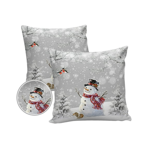 Pack of 2 Outdoor Pillow Covers, Christmas Winter Grey Snowman Looking at Magpie Squirrel Waterproof Square Throw Pillowcase Cushion Decorative Pillow Covers for Couch Patio Tent, 16x16 in