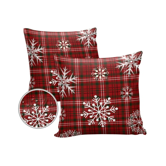Pack of 2 Outdoor Pillow Covers, Christmas Winter Snowflake Red Black Buffalo Plaid Waterproof Square Throw Pillowcase Cushion Decorative Pillow Covers for Couch Patio Tent, 16x16 in