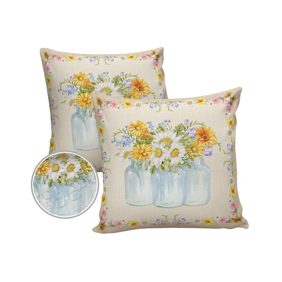 Pack of 2 Outdoor Pillow Covers, Colorful Floral Watercolor Vase Rustic Burlap Waterproof Square Throw Pillowcase Cushion Decorative Pillow Covers for Couch Patio Tent, 24x24 in