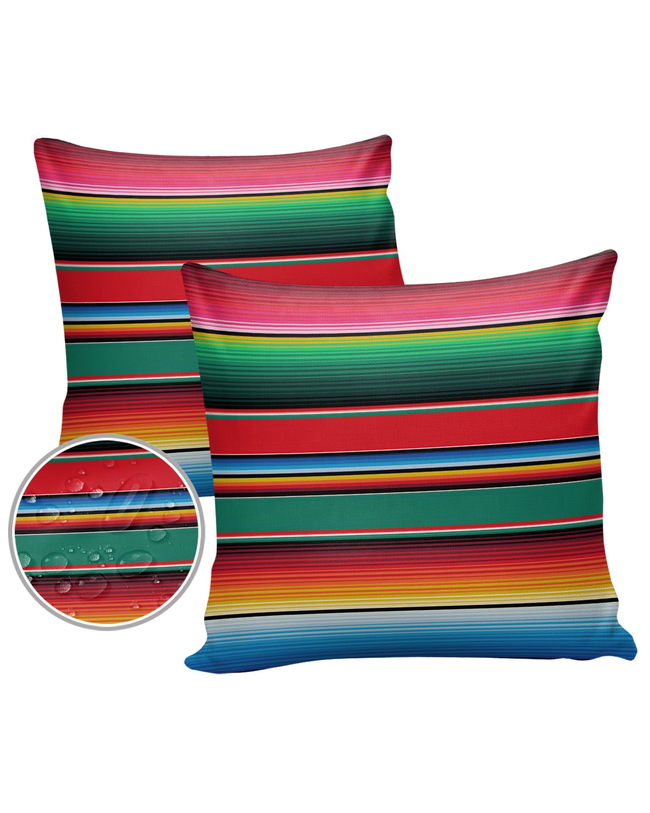 Pack of 2 Outdoor Pillow Covers, Colorful Mexican Stripes Green Red Blue Waterproof Square Throw Pillowcase Cushion Decorative Pillow Covers for Couch Patio Tent, 18x18 in