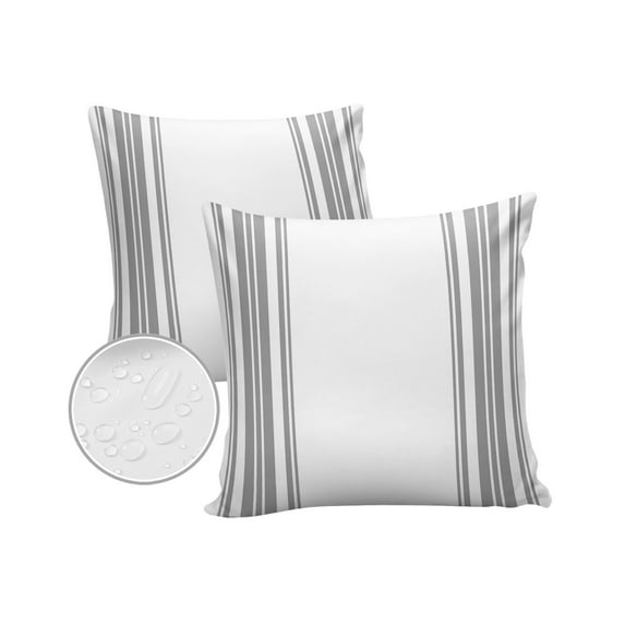 Pack of 2 Outdoor Pillow Covers, Colorful Stripes Grey Wood Texture White Waterproof Square Throw Pillowcase Cushion Decorative Pillow Covers for Couch Patio Tent, 18x18 in
