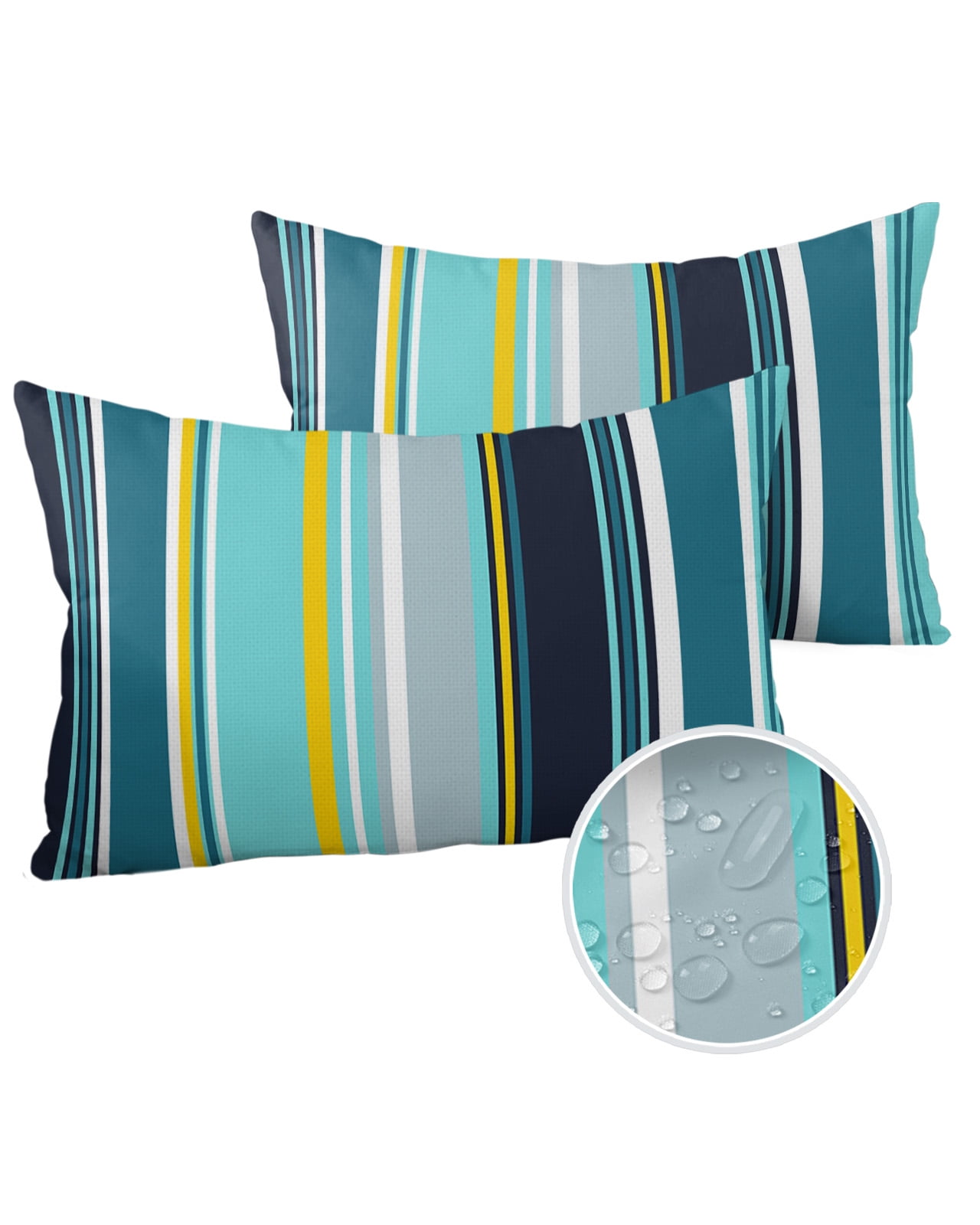 Pack of 2 Outdoor Pillow Covers, Colorful Stripes Navy Blue Teal
