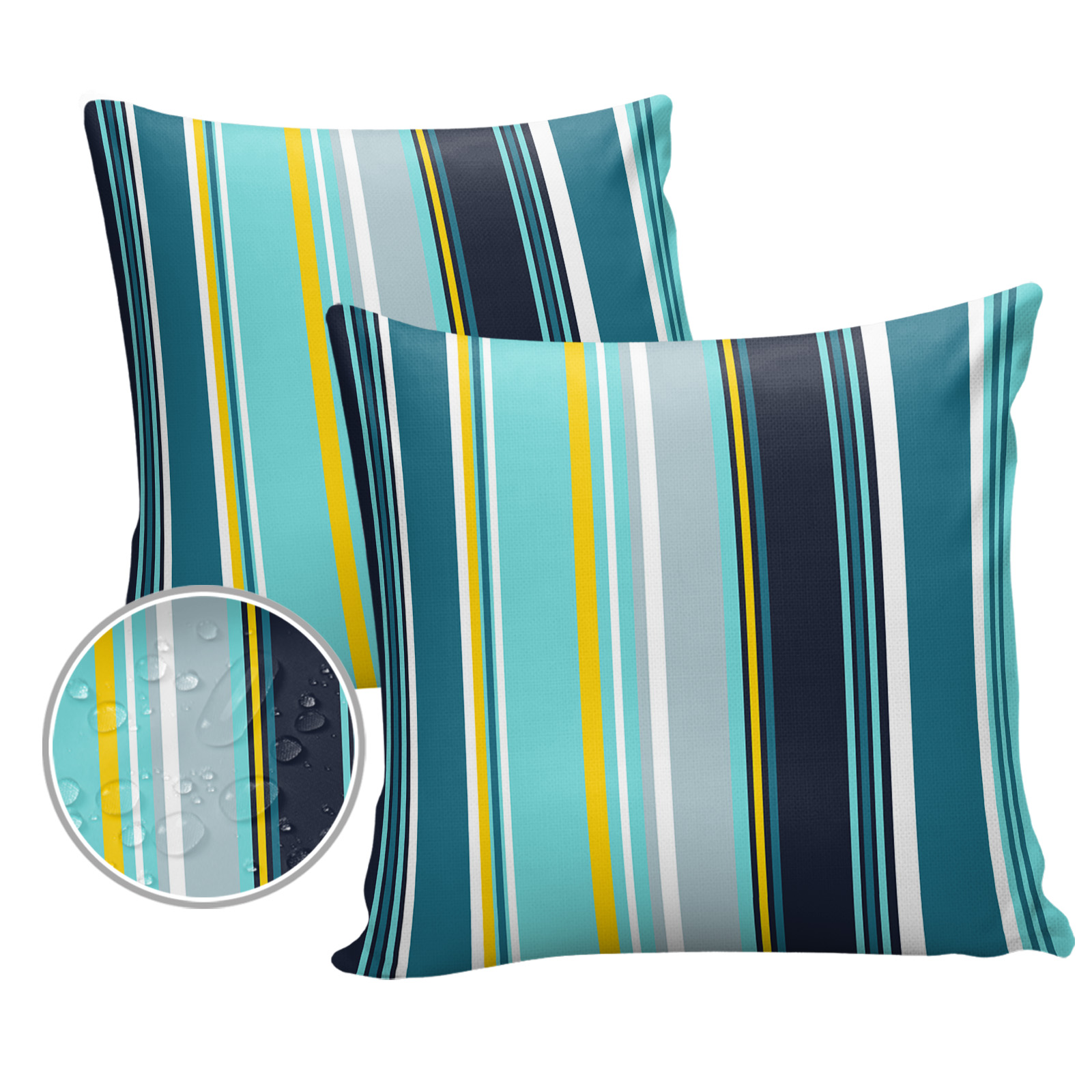 Pack of 2 Outdoor Pillow Covers, Colorful Stripes Navy Blue Teal Turquoise Black Wood Texture Waterproof Square Throw Pillowcase Cushion Decorative Pillow Covers for Couch Patio Tent, 16x16 in