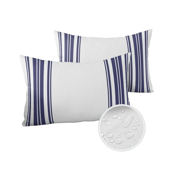 Pack of 2 Outdoor Pillow Covers, Colorful Stripes Navy Blue Wood Texture White Waterproof Square Throw Pillowcase Cushion Decorative Pillow Covers for Couch Patio Tent, 20x12 in