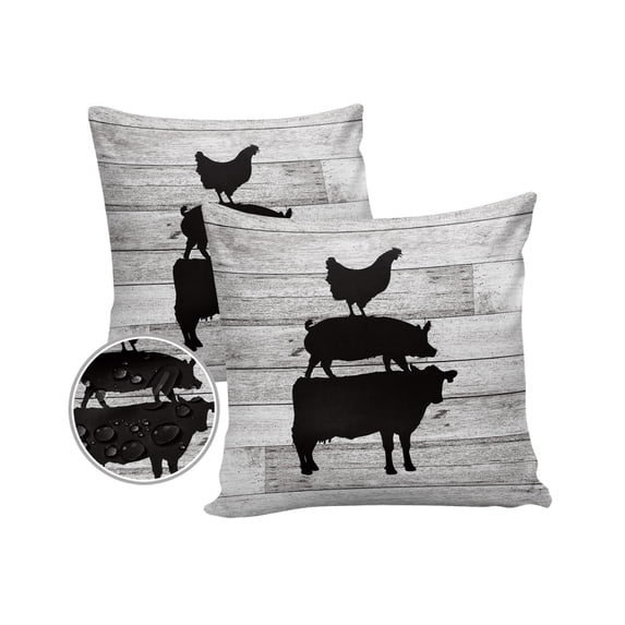 Pack of 2 Outdoor Pillow Covers, Cow Pig Chicken Animal Theme Wood Grain Waterproof Square Throw Pillowcase Cushion Decorative Pillow Covers for Couch Patio Tent, 20x20 in
