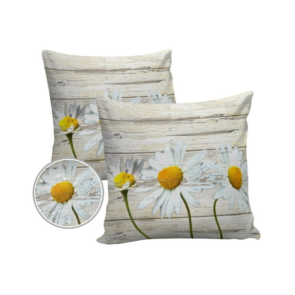 Pack of 2 Outdoor Pillow Covers, Daisies on Old Beige Wooden Boards Flowers Waterproof Square Throw Pillowcase Cushion Decorative Pillow Covers for Couch Patio Tent, 16x16 in