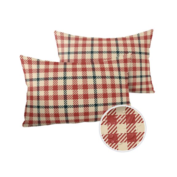 Pack of 2 Outdoor Pillow Covers, England Wind Check Red Deep Grey Waterproof Square Throw Pillowcase Cushion Decorative Pillow Covers for Couch Patio Tent, 20x12 in