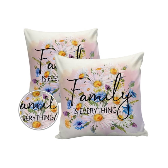 Pack of 2 Outdoor Pillow Covers, FAMILY IS EVERYTHING Spring Watercolor White Daisy Beige Waterproof Square Throw Pillowcase Cushion Decorative Pillow Covers for Couch Patio Tent, 24x24 in