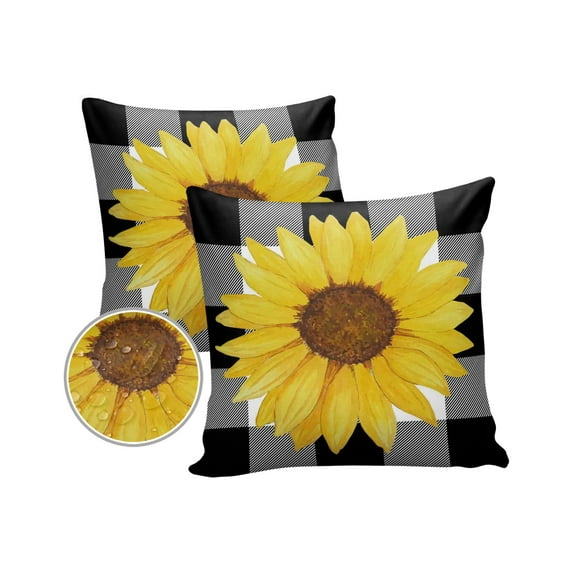 Pack of 2 Outdoor Pillow Covers, Fall Farm Sunflower Black White Buffalo Plaid Waterproof Square Throw Pillowcase Cushion Decorative Pillow Covers for Couch Patio Tent, 18x18 in