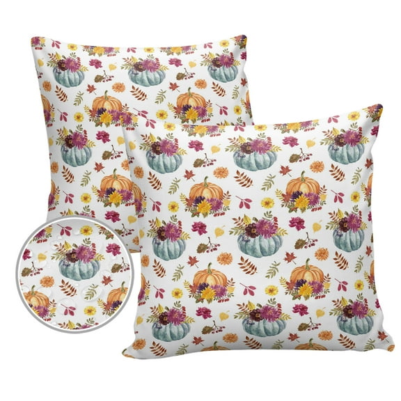 Pack of 2 Outdoor Pillow Covers, Fall Farmhouse Blue Pumpkin with Flower Waterproof Square Throw Pillowcase Cushion Decorative Pillow Covers for Couch Patio Tent, 16x16 in