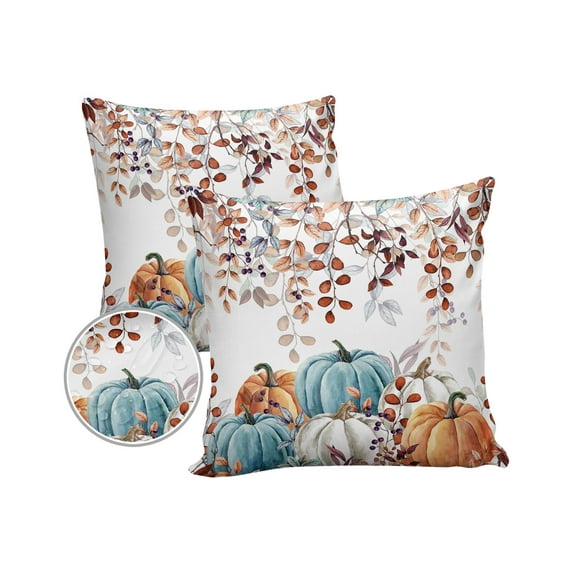 Pack of 2 Outdoor Pillow Covers, Fall Thanksgiving Blue Orange Pumpkin Eucalyptus Leaves Retro Botanical Waterproof Square Throw Pillowcase Cushion Decorative Pillow Covers for Couch Patio, 16x16 in