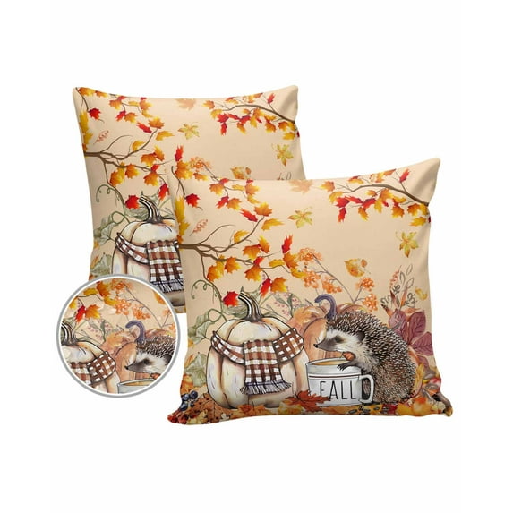 Pack of 2 Outdoor Pillow Covers, Fall Thanksgiving Pumpkin Hedgehog Coffee Branch Orange Waterproof Square Throw Pillowcase Cushion Decorative Pillow Covers for Couch Patio Tent, 16x16 in
