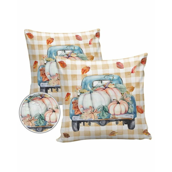 Pack of 2 Outdoor Pillow Covers, Fall Thanksgiving Pumpkin Leaves Truck Plaid Waterproof Square Throw Pillowcase Cushion Decorative Pillow Covers for Couch Patio Tent, 16x16 in