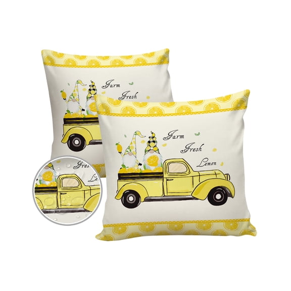 Pack of 2 Outdoor Pillow Covers, Farm Lemon Rustic Yellow Car Pull Gnome Lemon Waterproof Square Throw Pillowcase Cushion Decorative Pillow Covers for Couch Patio Tent, 16x16 in