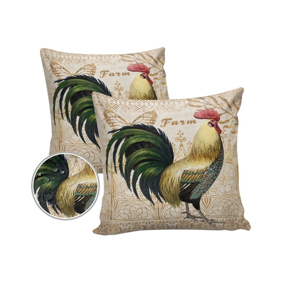 Pack of 2 Outdoor Pillow Covers, Farm Style Animal Cock and Butterfly Waterproof Square Throw Pillowcase Cushion Decorative Pillow Covers for Couch Patio Tent, 18x18 in