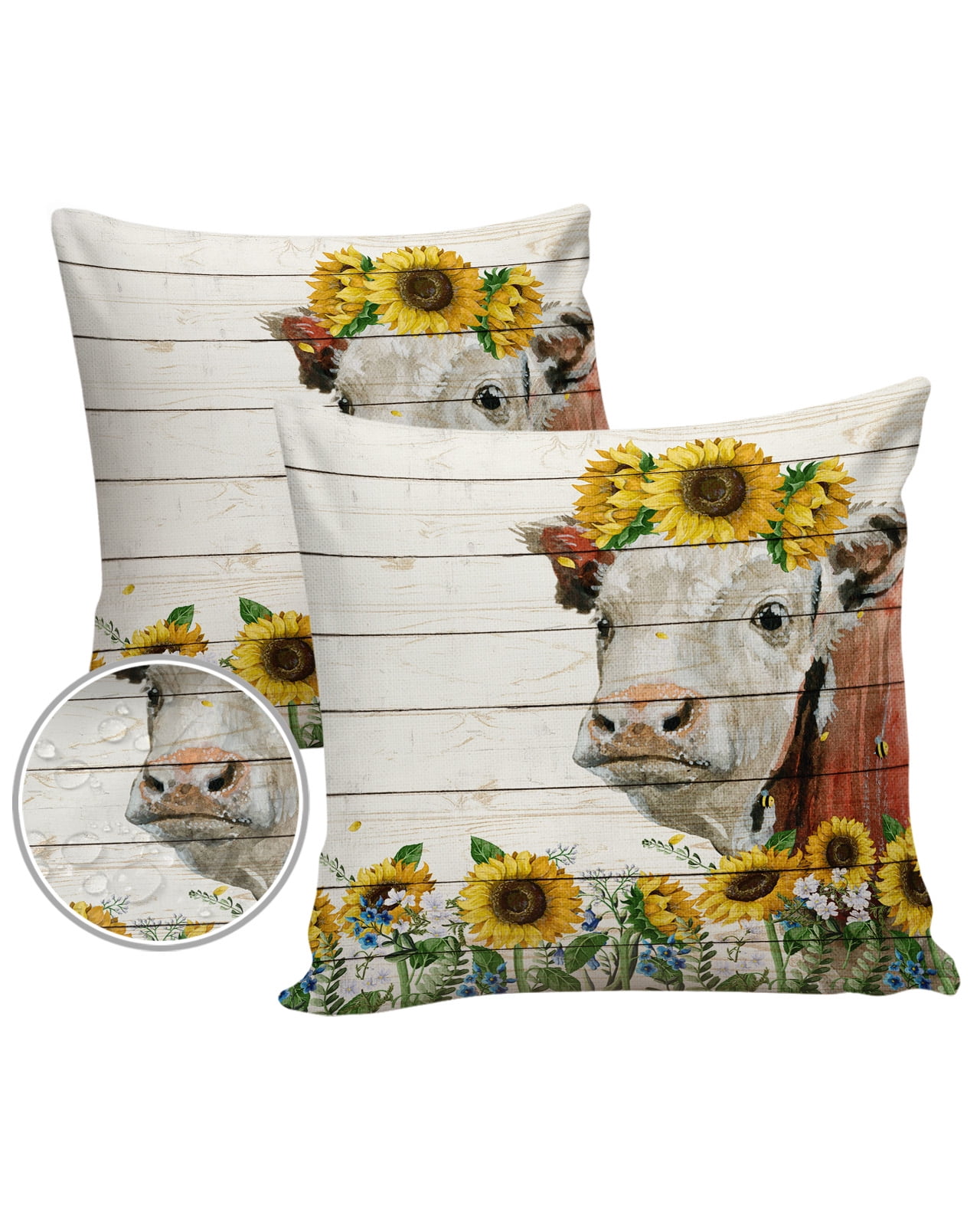 Pack of 2 Outdoor Pillow Covers, Farm Sunflower Cattle Waterproof