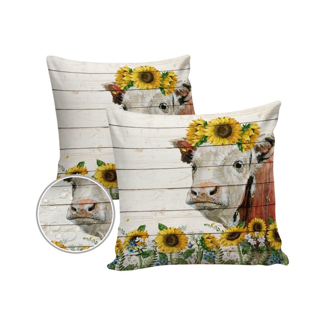 Pack of 2 Outdoor Pillow Covers, Farm Sunflower Cattle Waterproof