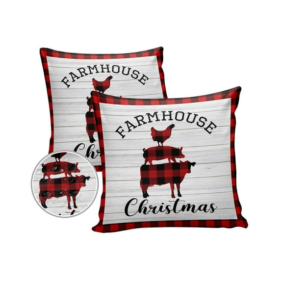 Pack of 2 Outdoor Pillow Covers, Farmhouse Christmas Pig Cock Cow Buffalo Plaid Waterproof Square Throw Pillowcase Cushion Decorative Pillow Covers for Couch Patio Tent, 18x18 in