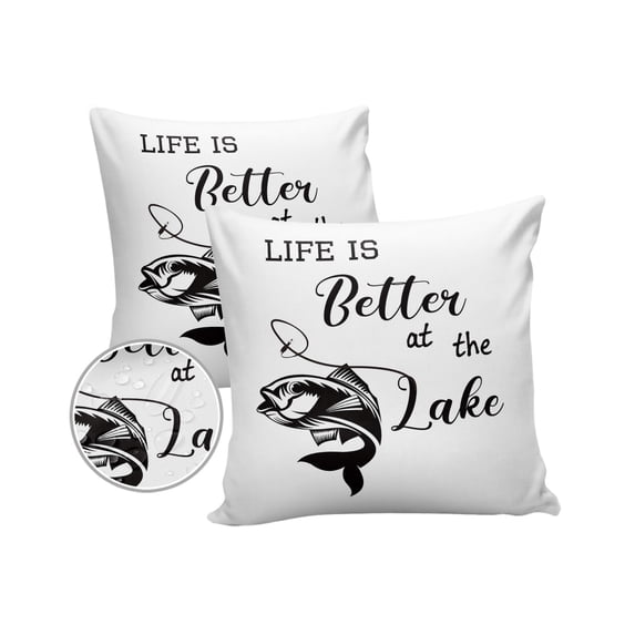 Pack of 2 Outdoor Pillow Covers, Fishing Hook Life Is Better at The Lake Waterproof Square Throw Pillowcase Cushion Decorative Pillow Covers for Couch Patio Tent, 20x20 in