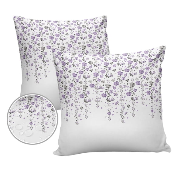 Pack of 2 Outdoor Pillow Covers, Flower Purple Grey Cherry Blossoms White Background Waterproof Square Throw Pillowcase Cushion Decorative Pillow Covers for Couch Patio Tent, 20x20 in