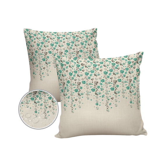 Pack of 2 Outdoor Pillow Covers, Flower Teal Grey Cherry Blossoms Cotton Linen Background Waterproof Square Throw Pillowcase Cushion Decorative Pillow Covers for Couch Patio Tent, 26x26 in