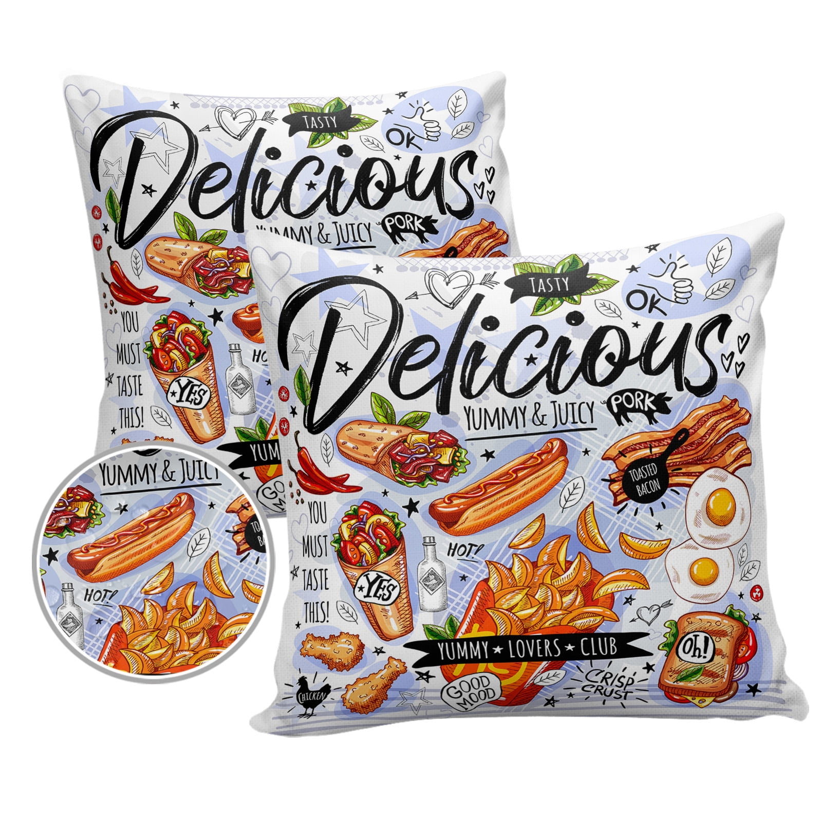 Pack of 2 Outdoor Pillow Covers, Food Doodle Delicious Hot Dog Bacon