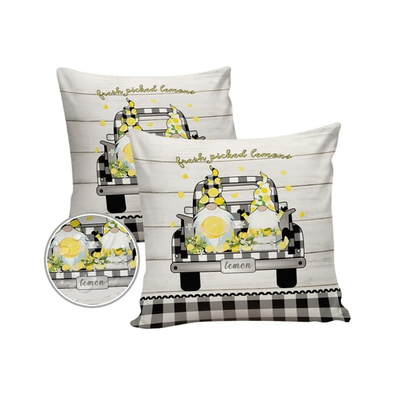 Pack of 2 Outdoor Pillow Covers, Framhouse Truck Pull Gnome Lemon Wood Grain Checked Waterproof Square Throw Pillowcase Cushion Decorative Pillow Covers for Couch Patio Tent, 16x16 in