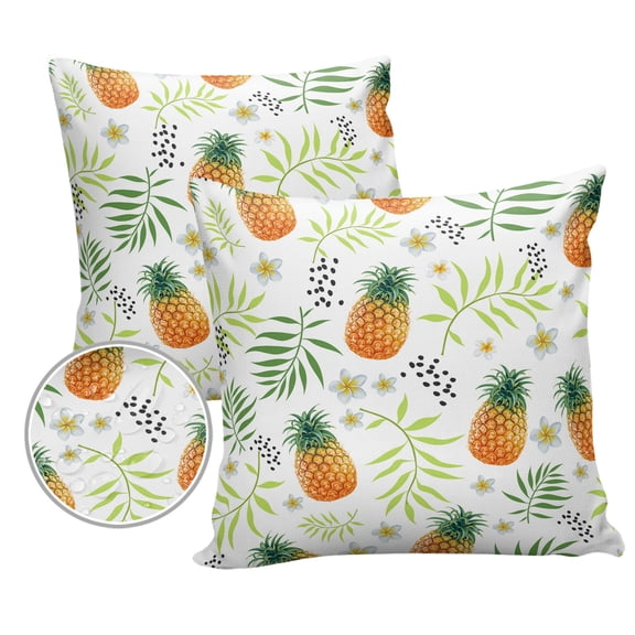 Pack of 2 Outdoor Pillow Covers, Fruit Pineapple Green Leaf Frangipani Waterproof Square Throw Pillowcase Cushion Decorative Pillow Covers for Couch Patio Tent, 18x18 in