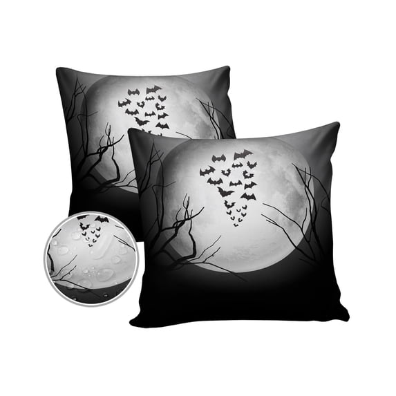 Pack of 2 Outdoor Pillow Covers, Full Moon Midnight Bat Waterproof Square Throw Pillowcase Cushion Decorative Pillow Covers for Couch Patio Tent, 20x20 in