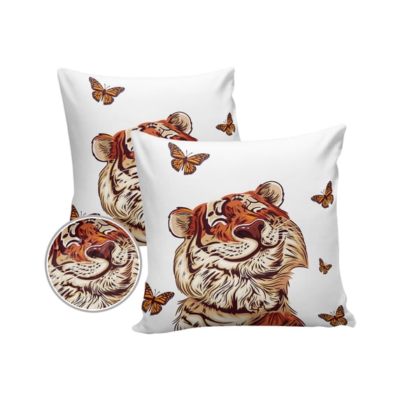 Pack of 2 Outdoor Pillow Covers, Funny Cute Tiger with Butterfly Waterproof Square Throw Pillowcase Cushion Decorative Pillow Covers for Couch Patio Tent, 16x16 in