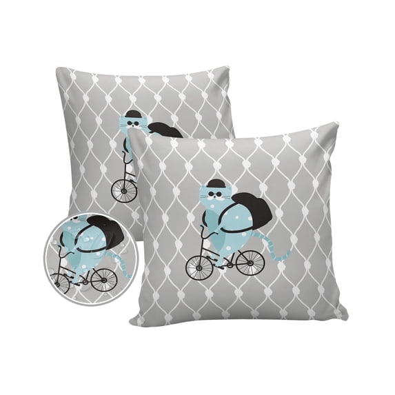 Pack of 2 Outdoor Pillow Covers, Geometric Fabric Background A Cartoon Cat Riding Waterproof Square Throw Pillowcase Cushion Decorative Pillow Covers for Couch Patio Tent, 18x18 in