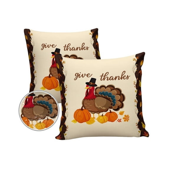 Pack of 2 Outdoor Pillow Covers, Give Thanks Pumpkin Turkey Maple Leaf Border Waterproof Square Throw Pillowcase Cushion Decorative Pillow Covers for Couch Patio Tent, 16x16 in