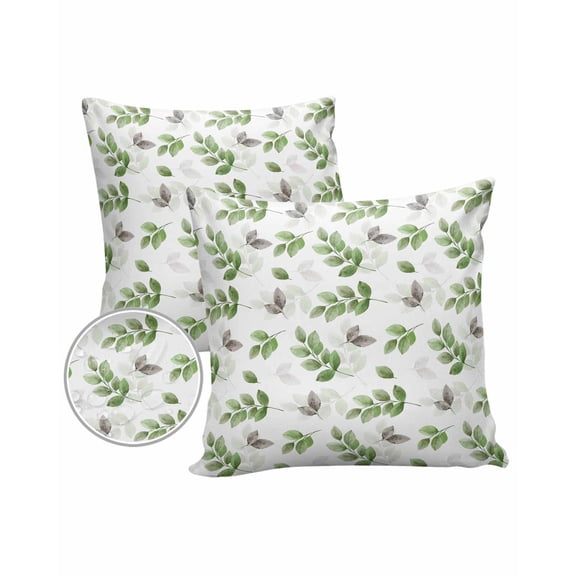 Pack of 2 Outdoor Pillow Covers, Gray Green Eucalyptus Leaves White Background Waterproof Square Throw Pillowcase Cushion Decorative Pillow Covers for Couch Patio Tent, 16x16 in