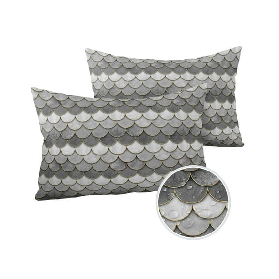 Pack of 2 Outdoor Pillow Covers, Gray Ombre Fish Scale Waterproof Square Throw Pillowcase Cushion Decorative Pillow Covers for Couch Patio Tent, 20x12 in