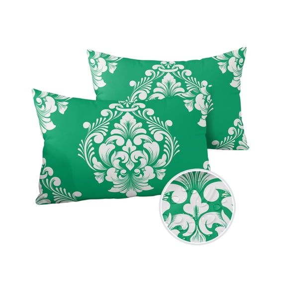 Pack of 2 Outdoor Pillow Covers, Green Classic Luxurious Old Brocade Pattern Waterproof Square Throw Pillowcase Cushion Decorative Pillow Covers for Couch Patio Tent, 20x12 in