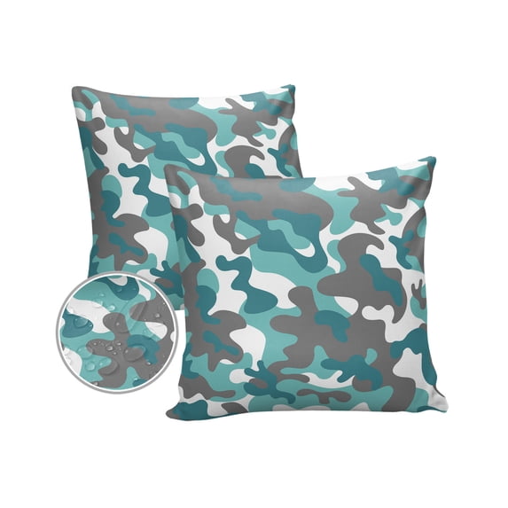 Pack of 2 Outdoor Pillow Covers, Grey Green Camouflage Waterproof Square Throw Pillowcase Cushion Decorative Pillow Covers for Couch Patio Tent, 16x16 in