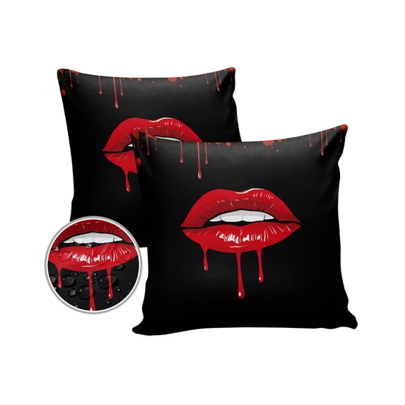 Pack of 2 Outdoor Pillow Covers, Halloween Bleeding Lips Blood Black Waterproof Square Throw Pillowcase Cushion Decorative Pillow Covers for Couch Patio Tent, 20x20 in