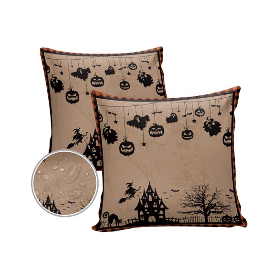 Pack of 2 Outdoor Pillow Covers, Halloween Country Style Retro Background Witch Bat Ghost Waterproof Square Throw Pillowcase Cushion Decorative Pillow Covers for Couch Patio Tent, 16x16 in