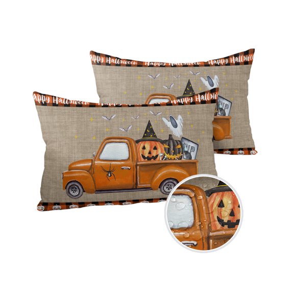 Pack of 2 Outdoor Pillow Covers, Halloween Orange Truck Pumpkin Ghost Linen Waterproof Square Throw Pillowcase Cushion Decorative Pillow Covers for Couch Patio Tent, 20x12 in